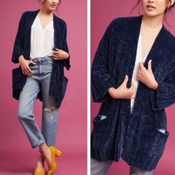 Anthropologie Moth Lily Navy Chenille Oversized Cardigan - Picture 1 of 9